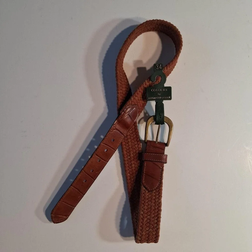 Vintage 90s mens Brown leather belt with braided stretchy body with gold buckle
